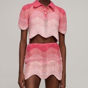 Casablanca SET Skirt Polo Crochet Pink Gradient Wave Knit Mini Cotton Cute Rare
